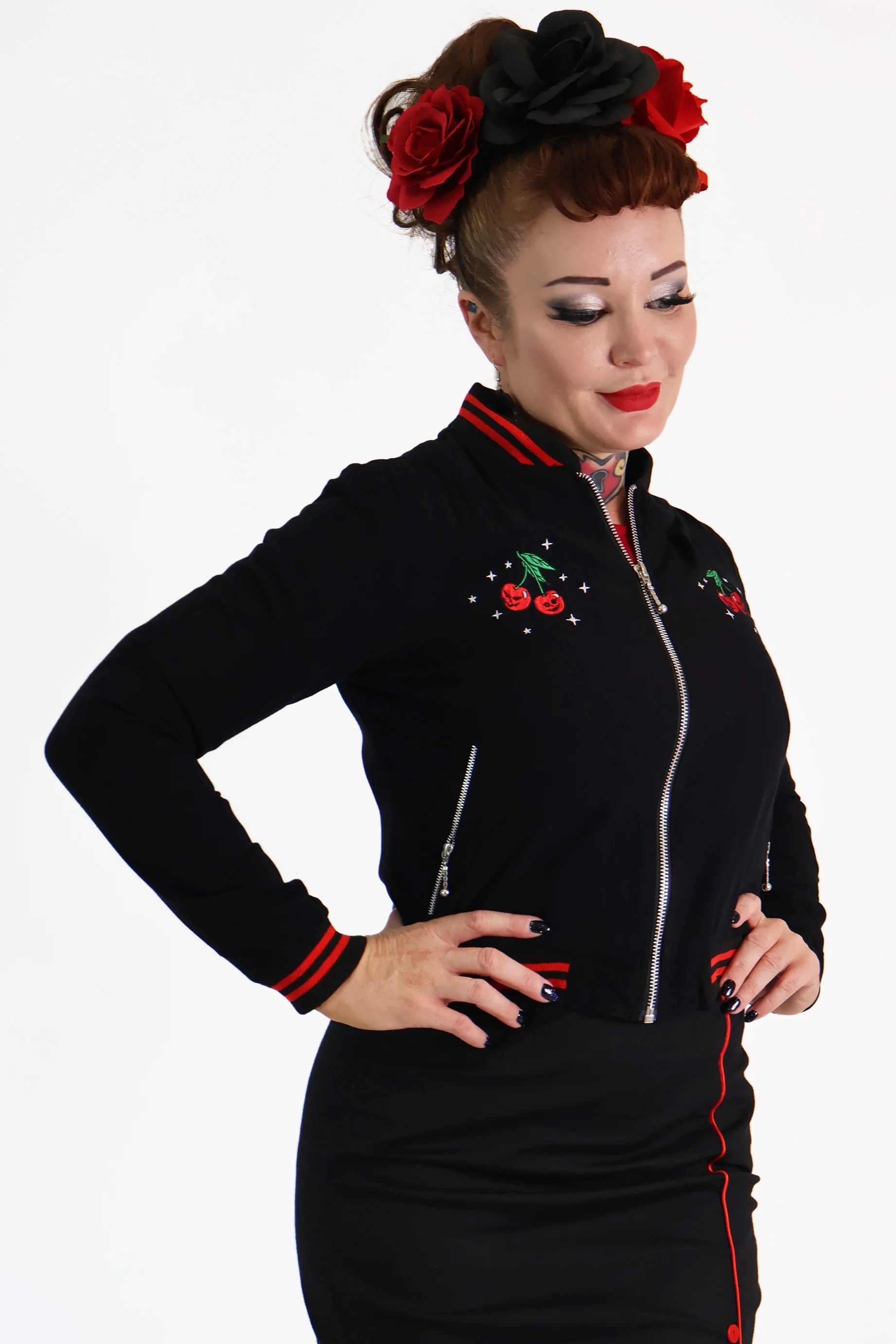 Black Monster Cherry Bomber Jacket - Image 4